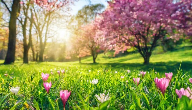 sun shining on spring landscape with trees and pink flowers growing amongst green grass nature background blur with copyspace