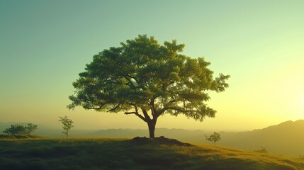 Obraz premium a lone tree on a hill with the sun setting in the background