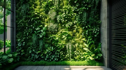 a green wall with plants and a window in the background