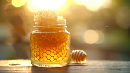 Golden Honey Jar in Sunlight - obrazy, fototapety, plakaty