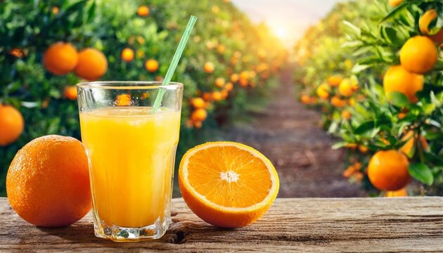 orange juice on orange garden backgound in sunrise