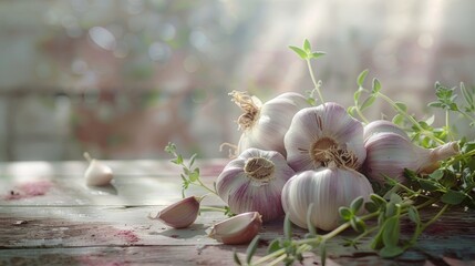 Obraz na płótnie Canvas Fresh Garlic and Herbs on Sunlit Wooden Surface