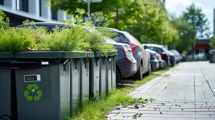 a row of trash cans sitting on the side of a road - obrazy, fototapety, plakaty