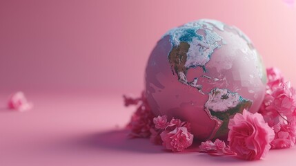 Romantic 3d earth adorned for valentine's day: love, romance, and flower power in pink and blue
