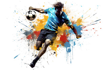 Fototapeta premium painting graphic of soccer player man kick ball and splash with colors isolated