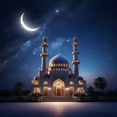 Eid ai fit Muslim mosque stand starry night adorned with a crescent moon photograph the essence of Ramadan Mubarak