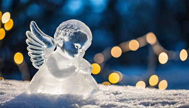 cupid angel transparent ice sculpture on snowy ground and christmas lights