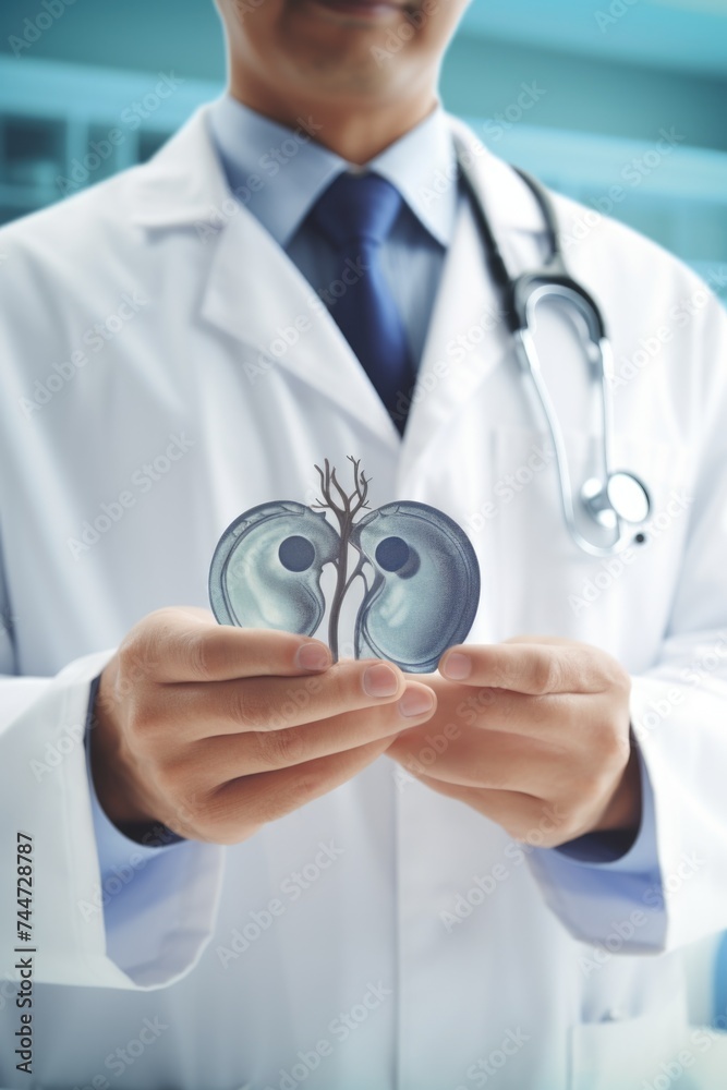 Poster A man in a lab coat holding a can with a tree growing out of it. Perfect for environmental concepts and scientific research projects
