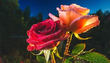 dawn dewdrop after rain two colorful roses with clear color from a wide angle self luminous petals spectral lighting principle sunrise