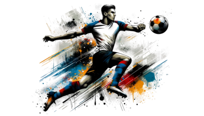 painting graphic of soccer player man kick ball and splash with colors isolated