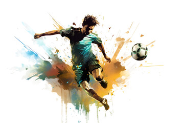 painting graphic of soccer player man kick ball and splash with colors isolated