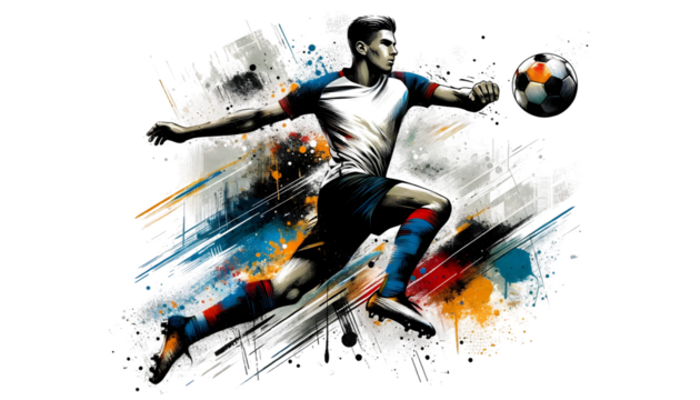 painting graphic of soccer player man kick ball and splash with colors isolated