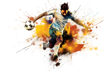 painting graphic of soccer player man kick ball and splash with colors isolated