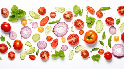 Fresh tomatoes, cucumbers, onions, and spinach on a white background. Perfect for healthy eating concepts