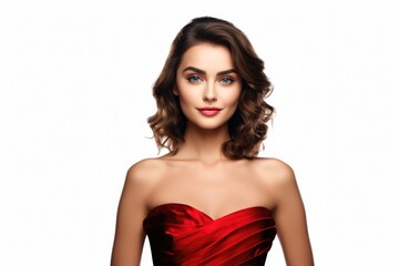 Fototapeta premium A woman in a red dress posing for a picture. Suitable for fashion or portrait photography projects