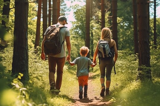A man, woman, and child walking in the woods. Perfect for outdoor family activities