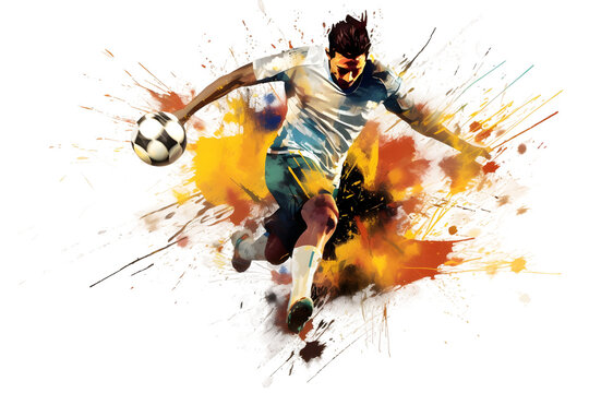 Fototapeta painting graphic of soccer player man kick ball and splash with colors isolated