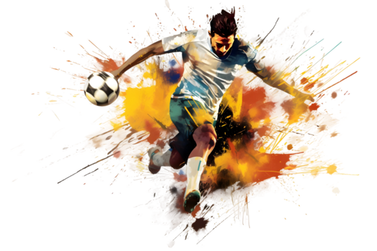 painting graphic of soccer player man kick ball and splash with colors isolated