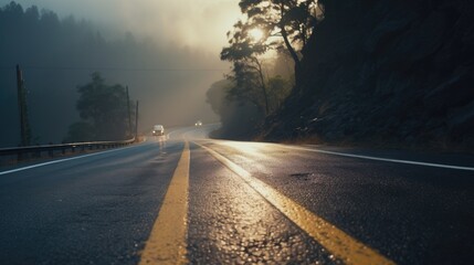 A car driving down the road in the fog, suitable for transportation concepts - obrazy, fototapety, plakaty