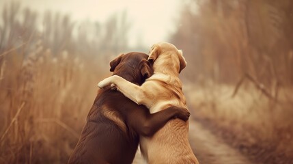 two dogs hugging each other in a field