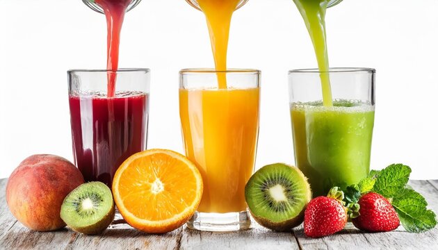 collection of juice glasses and fresh juice pouring from fruits into the glasses on white background