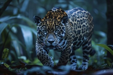 A shadowy jaguar moving silently through the Amazon rainforest at twilight, the embodiment of stealth and beauty