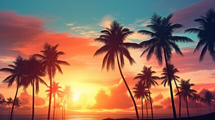 Fototapeta na wymiar Beautiful sunset with palm trees in the foreground, perfect for travel and nature themes.