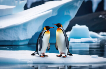 World Penguin Day, a married pair of penguins on an ice floe, an iceberg in the ocean, the kingdom of ice and snow, the far north