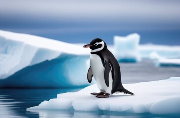 Obraz premium World Penguin Day, an adult lone penguin on a drifting ice floe, the far north, an iceberg in the ocean, the kingdom of ice and snow, a snowy shore