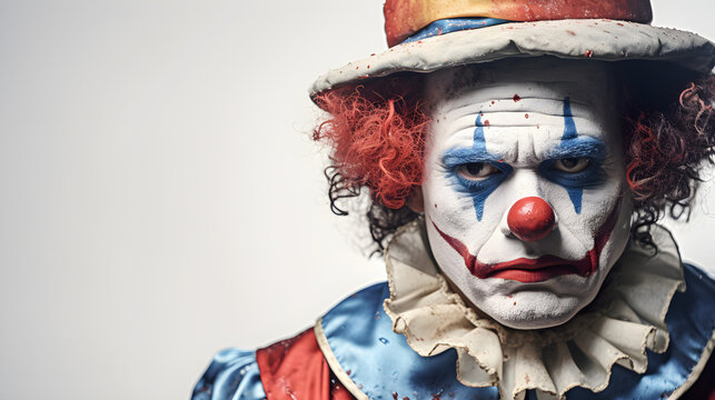 Close up of sad, depressed, displeased clown in dirty old clothes on white background with copy space