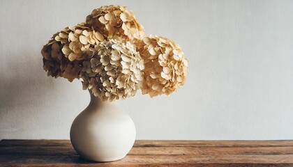 dried hydrangea flowers bouquet in white clay vase over white wall holiday celebration concept interior decoration