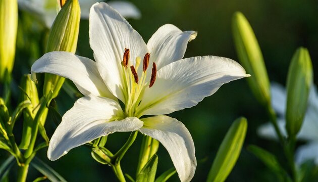day lily grade white dragon a smart large single flower of almost white color in beams of the evening sun on petals play of light and shadow