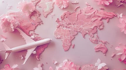 pink world map, travel background, wanderlust illustration, adventure map, pink globe, airplane travel, pop-inspired design, wanderlust background, travel blog image, adventure-themed illustration, pi
