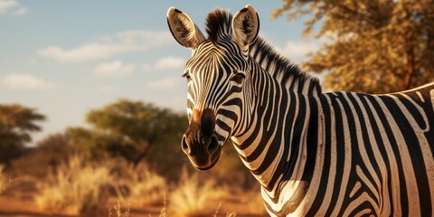 A detailed view of a zebra standing in a field. Suitable for wildlife or nature themes