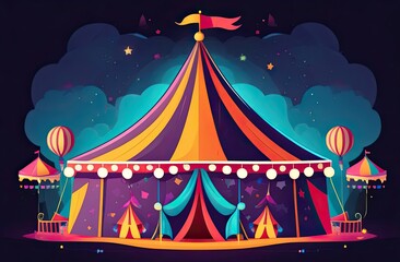 Colorful Big Top Tent: Vibrant circus tent with red and white stripes, perfect for events, fairs, and festive occasions., illustration