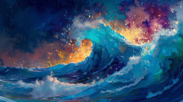 Surreal painting. Ocean waves., surf, sea and sky background. Colorful watercolor illustration.