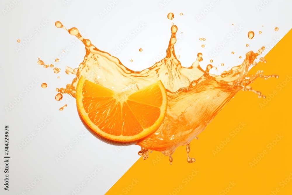 Poster fresh orange slice dropping into clear water. ideal for food and drink concepts