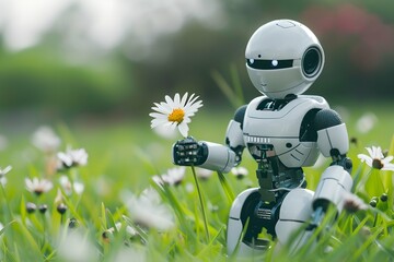 Humanoid robot holding daisy flower in meadow. Artificial intelligence, science and innovation, futuristic tech. Ai and machine learning. Harmony of technology and nature concept.