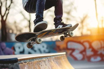 Fototapeten Teenager skateboarder doing trick with skateboard in skatepark, Leisure activity and extreme sport concept © Lazy_Bear