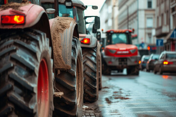 Fototapeta na wymiar Heavy agricultural machinery in city, Tractors block traffic on street, Farmers protest, Demonstration due to economic problems