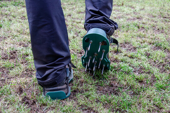 Close-up of lawn aerating shoes with metal spikes.