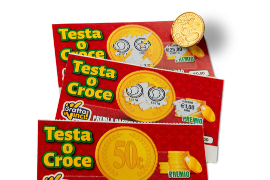 italy - February 24, 2024: 50 cent euro coin on scratch cards of the Italian lottery called Gratta e Vinci  (Scratch and Win). Lottery tickets scratched with 50 cent coin