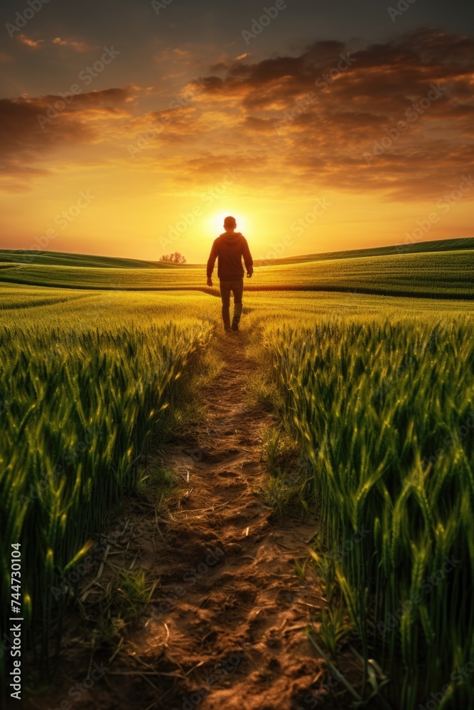 Poster a man walking towards the sun in a wheat field. suitable for nature and inspirational themes