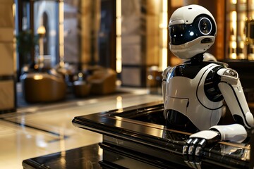 Humanoid robot concierge at hotel reception. Artificial intelligence, science and innovation, futuristic techology. Ai and machine learning concept. Luxury interior