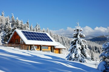 Cabin with solar panel roof in snowy landscape. Ecology, eco-friendly and green lifestyle. Alternative energy and renewable energy, climate change technology. Technological sustainable development