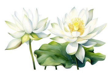 Fototapeta na wymiar Beautiful painting of white lotus flowers with green leaves, perfect for floral designs