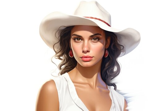 A woman in a white hat and dress, suitable for fashion or summer themes