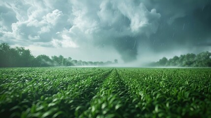 Tornado passing over a verdant farmland. Generative Ai.