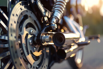 Fototapeta na wymiar Part of the motorcycle braking system. Grey metal brake disc on motorbike, close up.