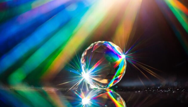 lens flare abstract bokeh lights leaking reflection of a glass diamond crystal jewelry defocused shining round shaped colorful rainbow light leaks rays on black background